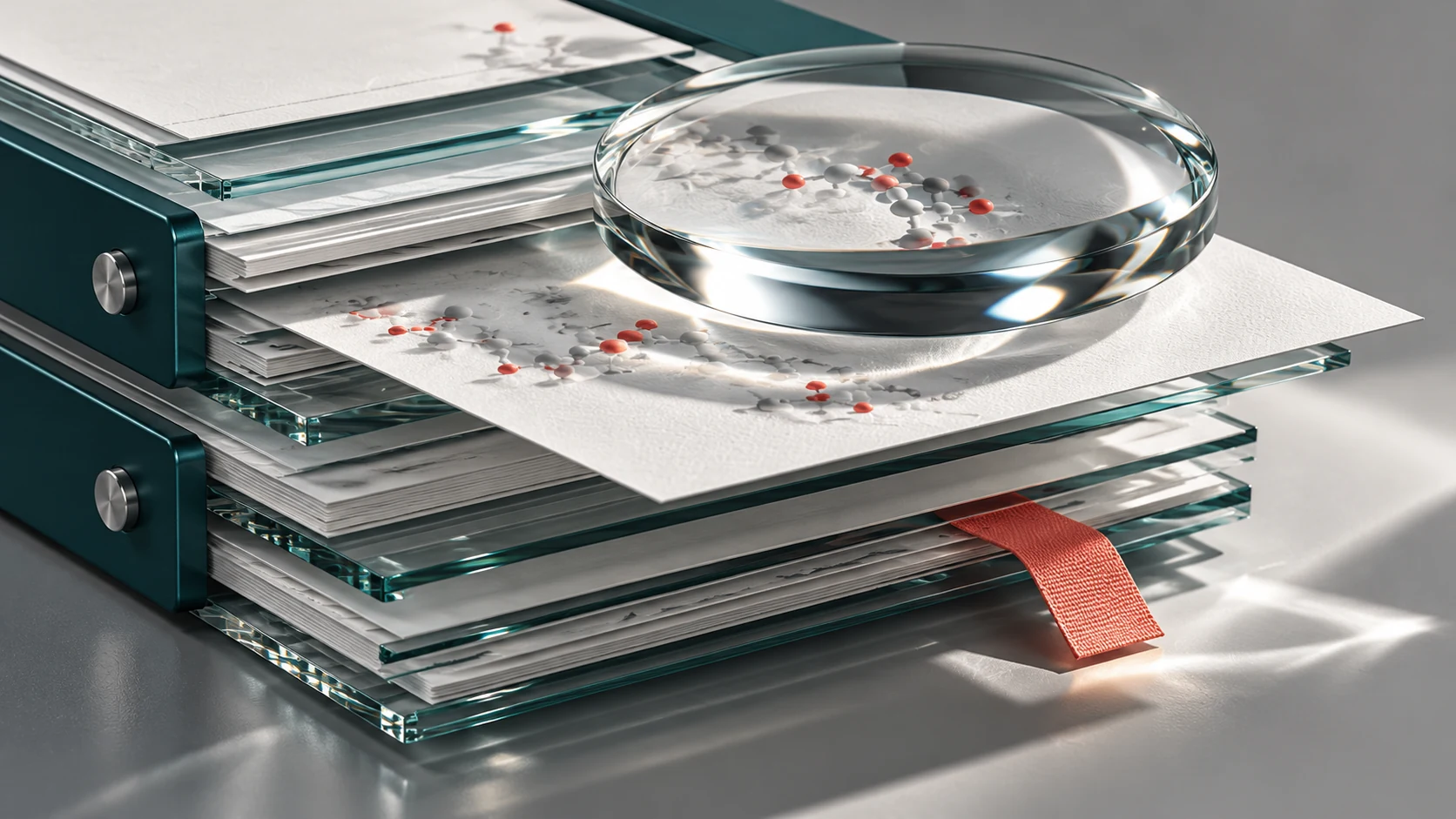 Layered research papers and an optical lens representing evidence review