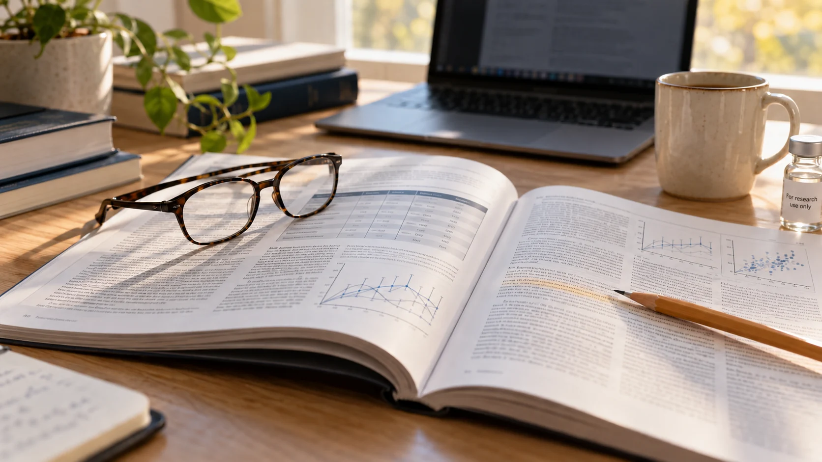 Open scientific journal with reading glasses and methods charts