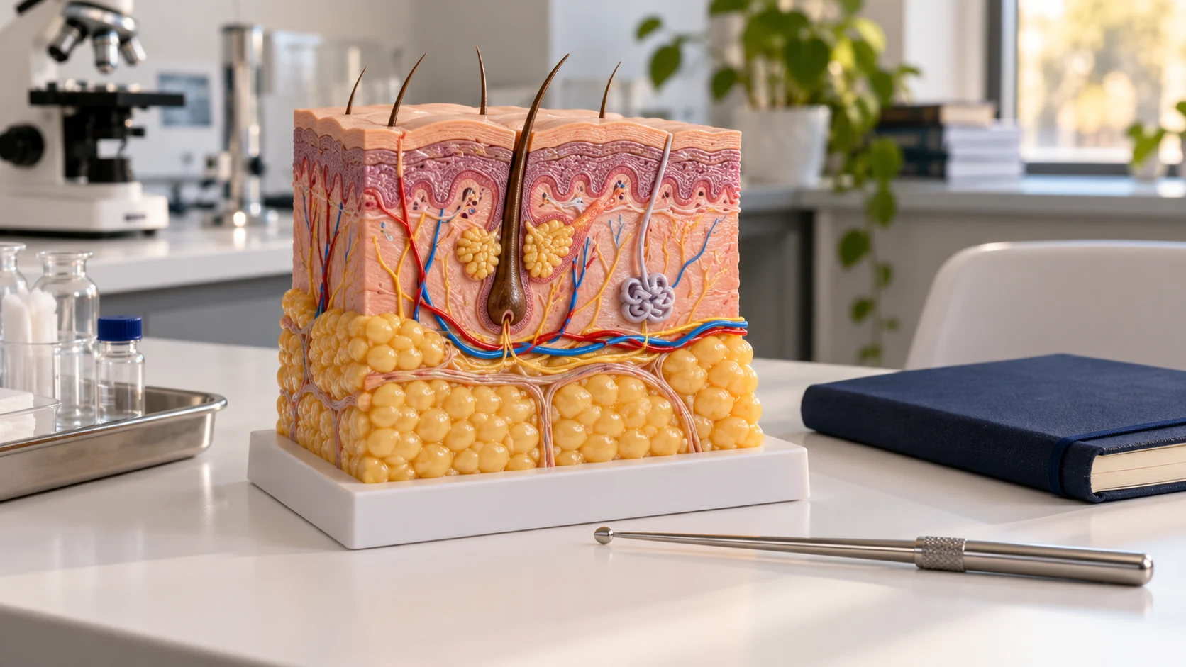 Anatomical teaching model showing skin and subcutaneous adipose tissue