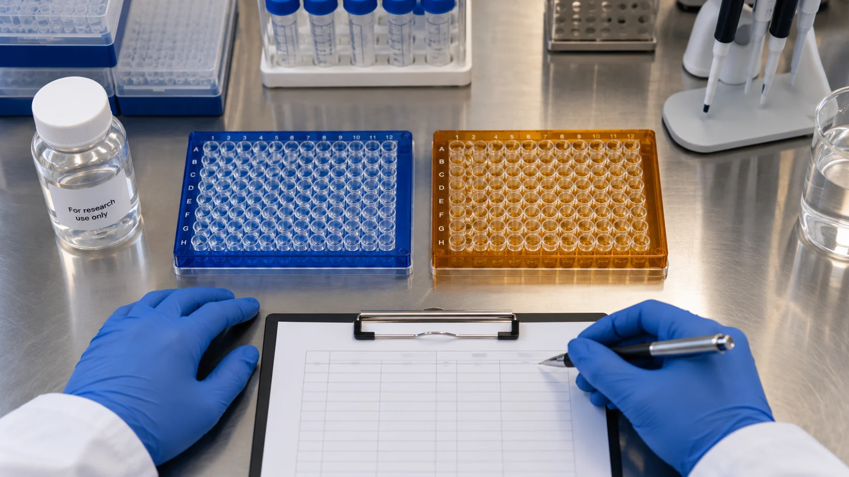 Two microplates beside a comparative research planning sheet