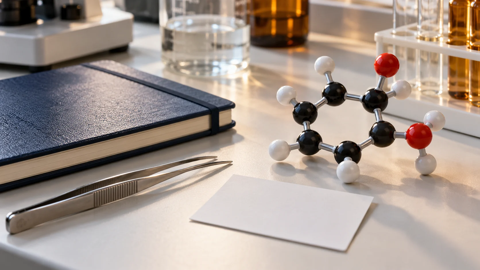 Ball-and-stick molecular model beside a laboratory notebook