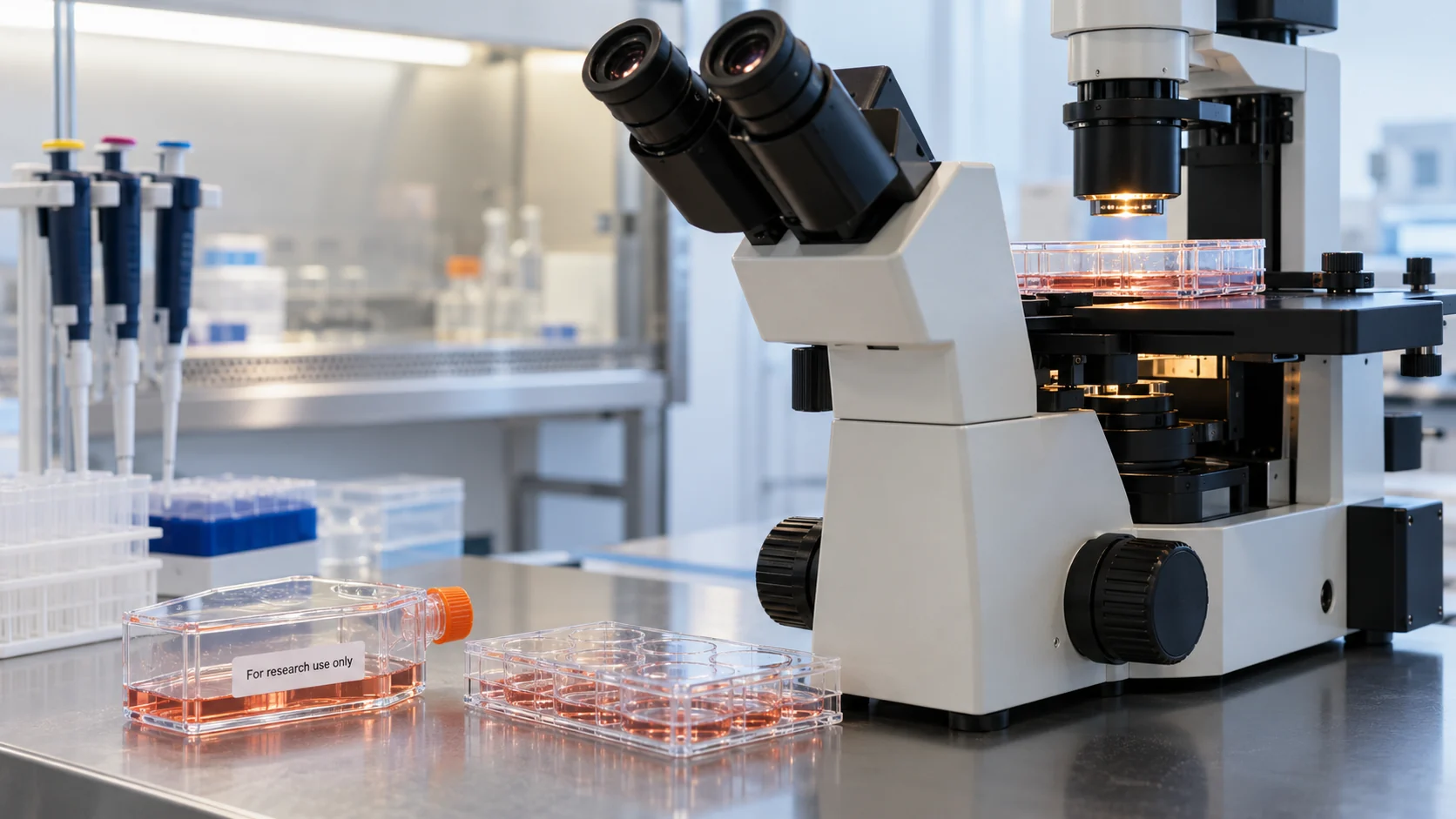 Inverted microscope and cell culture equipment on a laboratory bench